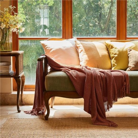 Rust Throw Blanket for Couch-Soft Boho Throw Blanket,CozyKnit Farmhouse Chenille - Picture 2 of 6
